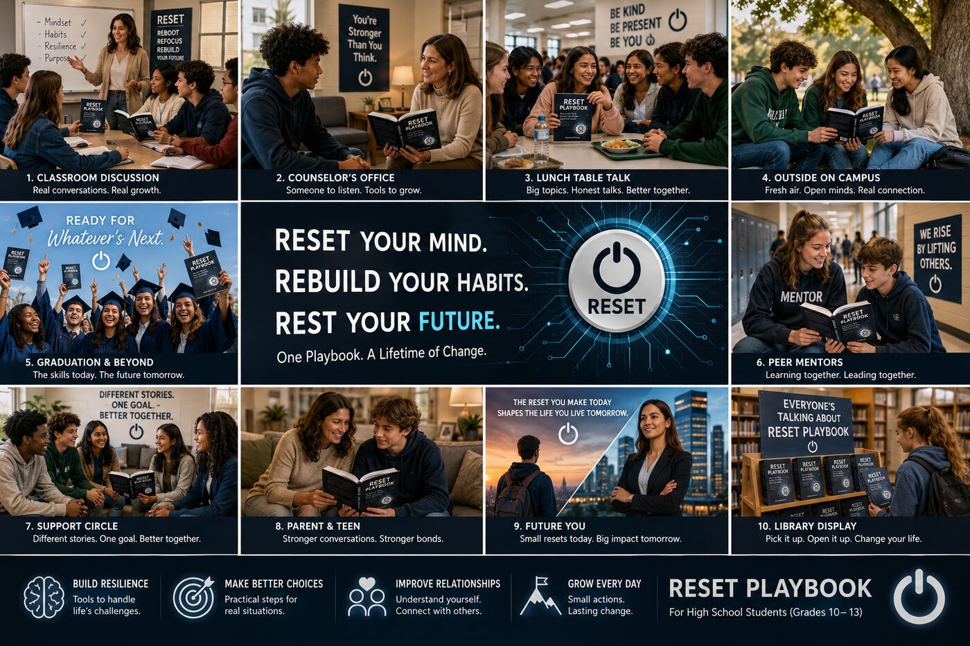 The Reset Playbook in use — classroom discussions, counselor sessions, peer mentors, and more